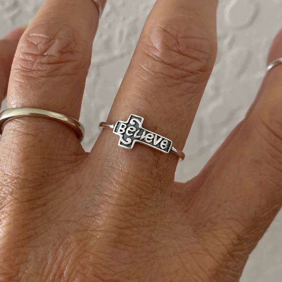 Sterling Silver Believe Sideway Cross Ring, Religious Jewelry, Silver Rings - Picture 6 of 8